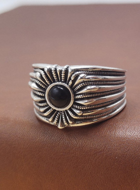 千叶戒指泰银欧美风男女百搭个性小众复古镶嵌黑玛瑙抽象饰品指环