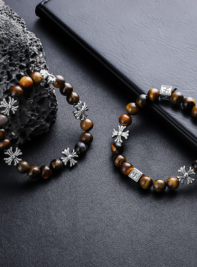 虎眼石十字架手链男时尚朋克高级百搭设计手串女个性潮流饰品批发