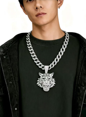 欧美新款合金立体满钻老虎吊坠古巴项链男士嘻哈炫酷小众老虎饰品