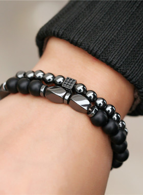 黑磨砂镶黑钻手链男女ins嘻哈小众设计复古手串 套装叠戴情侣手链