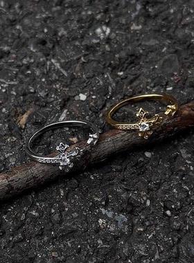 鸢尾花锆石戒指男潮个性冷淡风十字花指环时尚百搭高级感开口戒