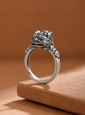 复古泰银招财貔貅可转动戒指男女创意做旧工艺国潮民族风活口指环