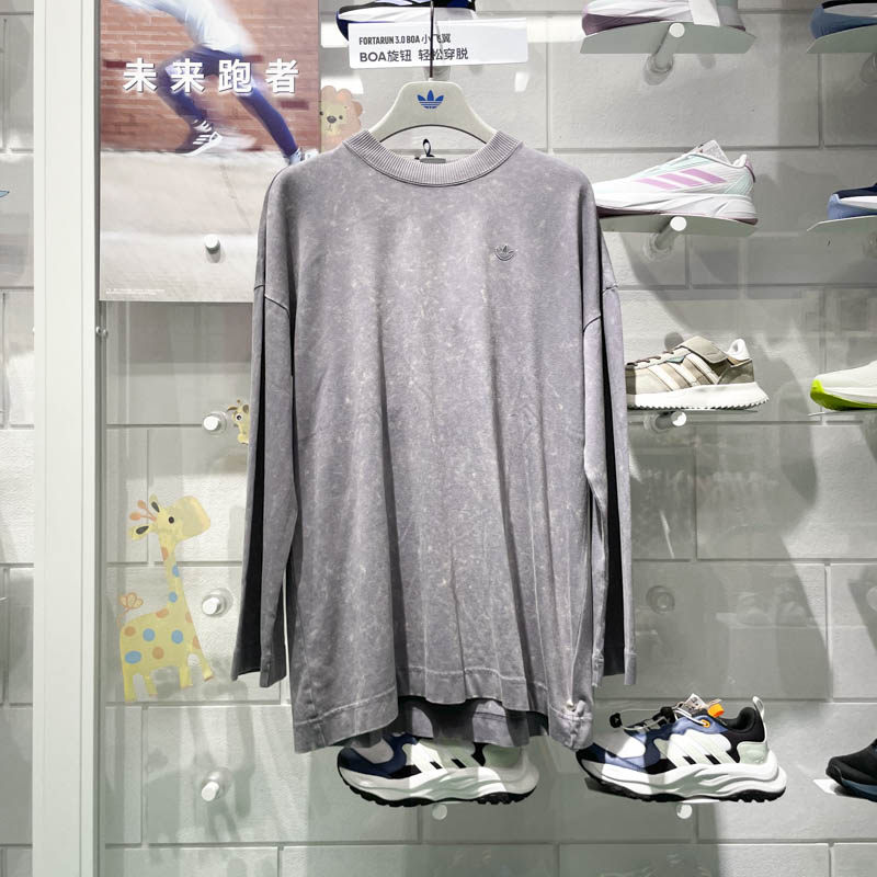 阿迪达斯三叶草女子2024冬季新款复古纯棉运动宽松长袖T恤 IY7400