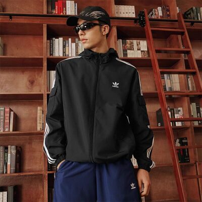 Adidas阿迪达斯三叶草运动风连帽拉链夹克男宽松防风外套KB1945