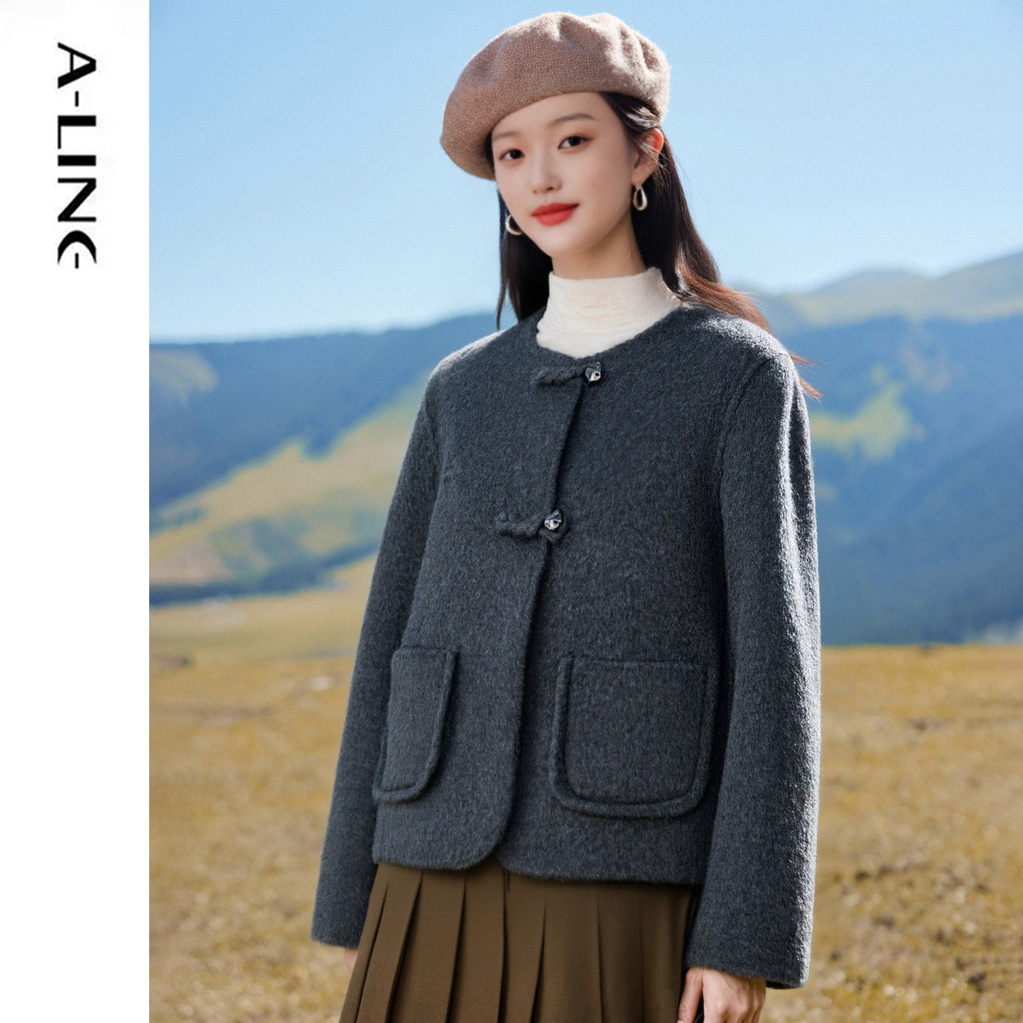 Aline/阿莱羊毛羊驼米色香风短款大衣 2025秋冬女装新品
