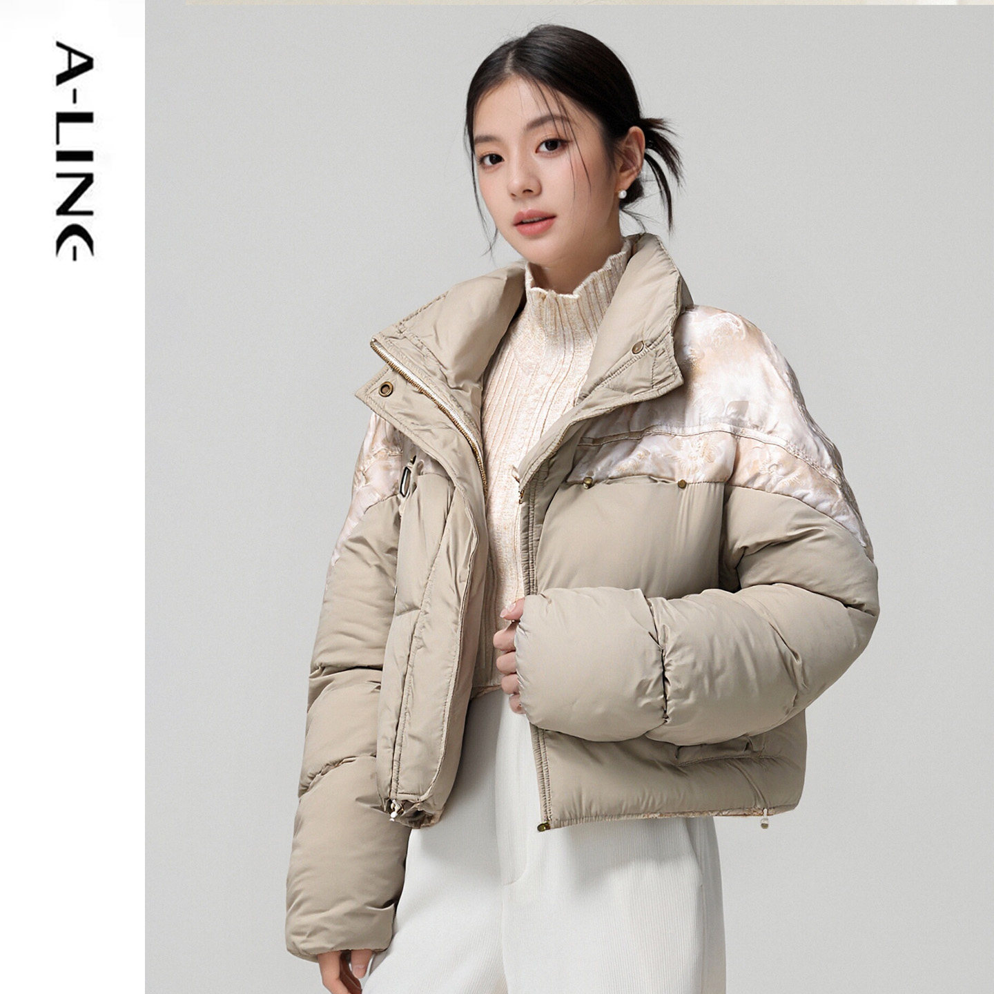Aline/阿莱拼接立领短款白鸭绒羽绒服 2025秋冬女装新品