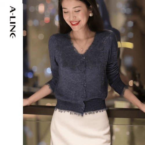 阿莱睫毛蕾丝装饰V领针织开衫