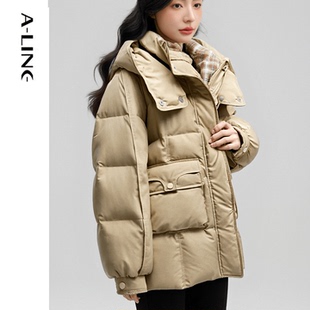 Aline/阿莱蓬松保暖格纹拼接中长款连帽羽绒服 25冬新品