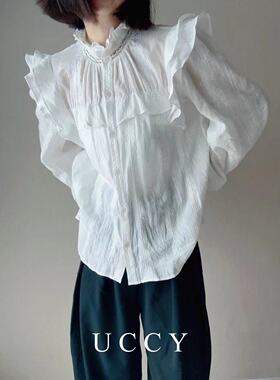 UCCY ｜IS*M同款重工刺绣提花｜法式设计感荷叶花边白色长袖衬衫