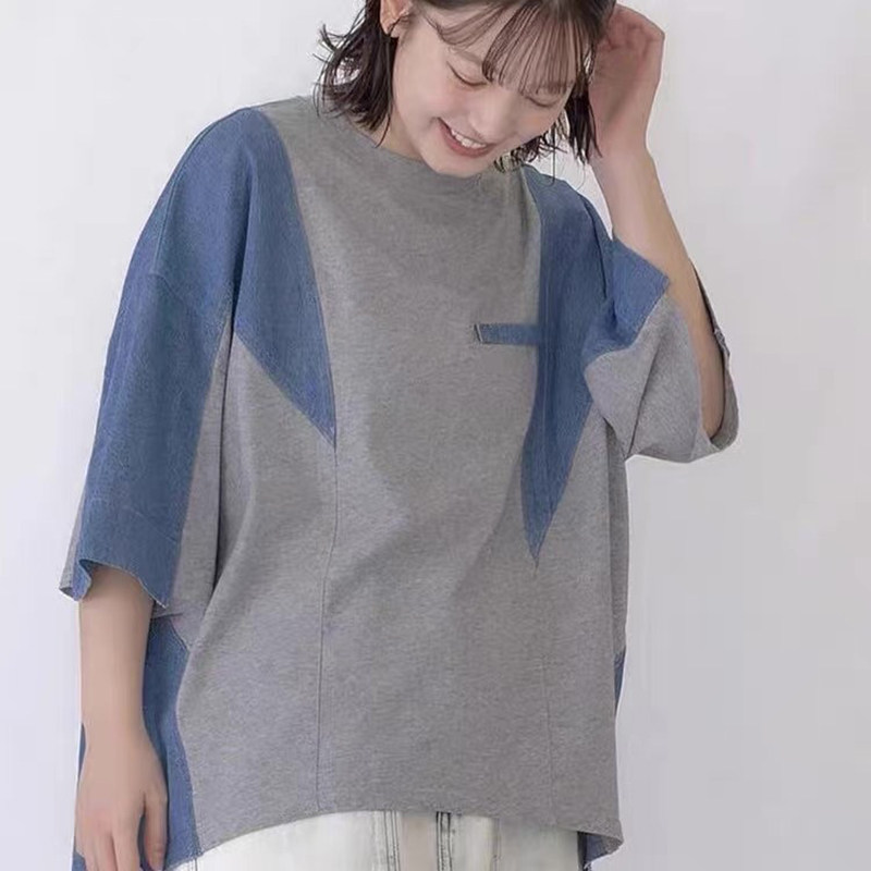 日系新品m设计感牛仔拼接宽松百搭短袖T恤棉上衣女