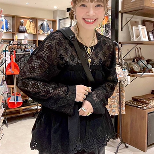 日系25秋新款重工蕾丝花朵镂空甜美时尚百搭长袖套头衫