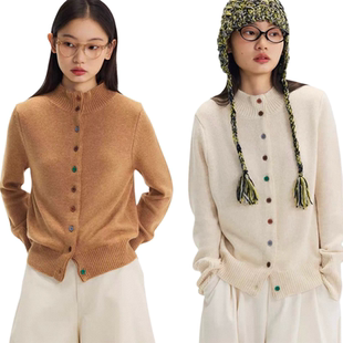 日系25秋冬新款彩扣纯色半高领显瘦百搭针织开衫毛衣