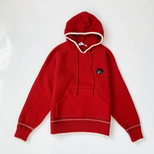 日系25秋冬新款 袋鼠兜撞色连帽针织卫衣 刺绣惊讶猫net插肩袖