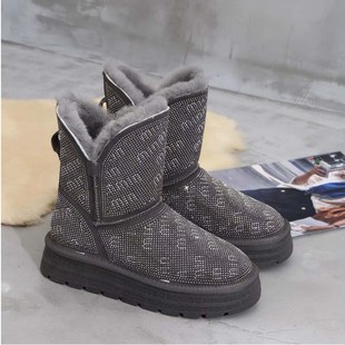 全羊毛雪地靴女防滑时尚水钻满钻真皮毛一体时尚2025东北大棉鞋冬