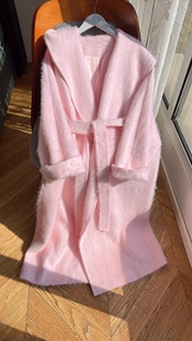 连帽款 浴袍系带皮草芨大衣女冬 重磅奢藏羊绒羊毛拉绒蓬松长毛长款