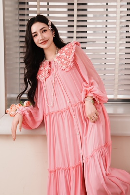 YEERANDMORE 2025春夏新款花篱晶莹桑蚕丝连衣裙桑蚕丝真丝长裙