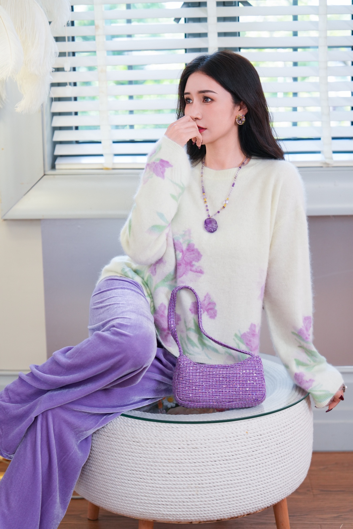 羊绒衫花色宽松奶油色系花卉图案宽松保暖毛衣慵懒毛衣拉绒款女冬