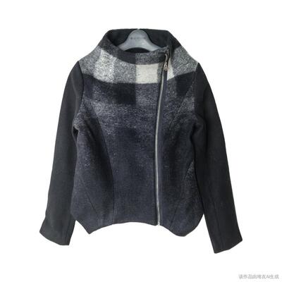 圣迪家羊毛混纺格纹休闲短款外套