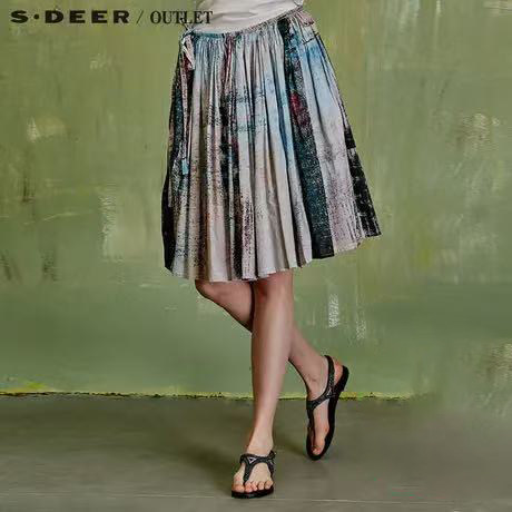 圣迪家抽象晕染印花抽绳半身裙