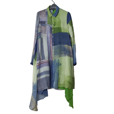 圣迪家不规则拼接印花衬衫连衣裙