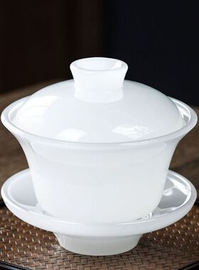玉瓷三才盖碗白色大号带盖茶盏中式琉璃盖碗手握功夫茶具玉石盖碗