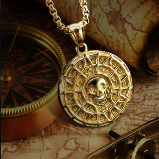 加勒比海盗阿兹特克金币项链男款嘻哈饰品复古吊坠朋克骷髅配饰