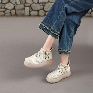 四起哥2026春夏休闲风圆头镂空编织凉鞋 女厚底真皮透气罗马凉靴潮