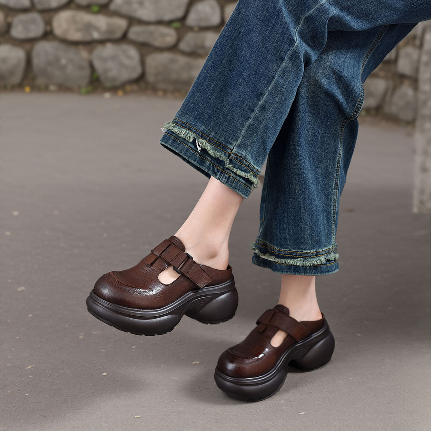 四起哥2026春夏手工真皮厚底穆勒鞋女圆头皮带扣高跟百搭凉拖鞋女