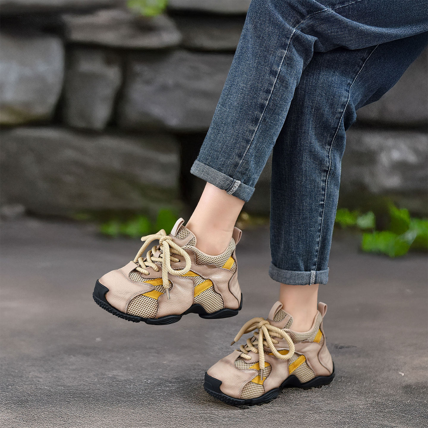 四起哥2026春秋新款头层牛皮厚底老爹鞋女手工真皮轻奢运动鞋女鞋