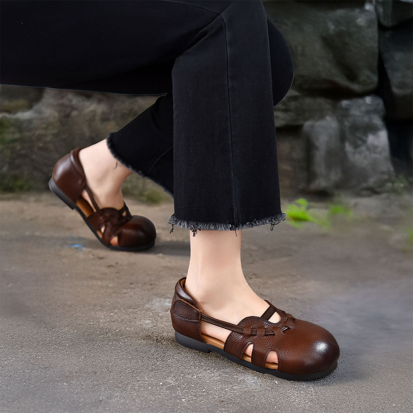 四起哥2025夏季新款头层牛皮平底凉鞋女手工真皮罗马凉鞋休闲女鞋