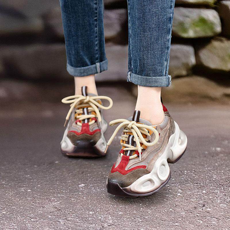 四起哥2026春秋新款头层牛皮厚底老爹鞋女款复古休闲运动鞋真皮女