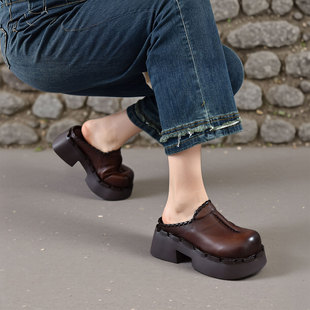 四起哥2026春夏英伦风真皮厚底包头拖鞋女外穿复古百搭粗跟半拖鞋