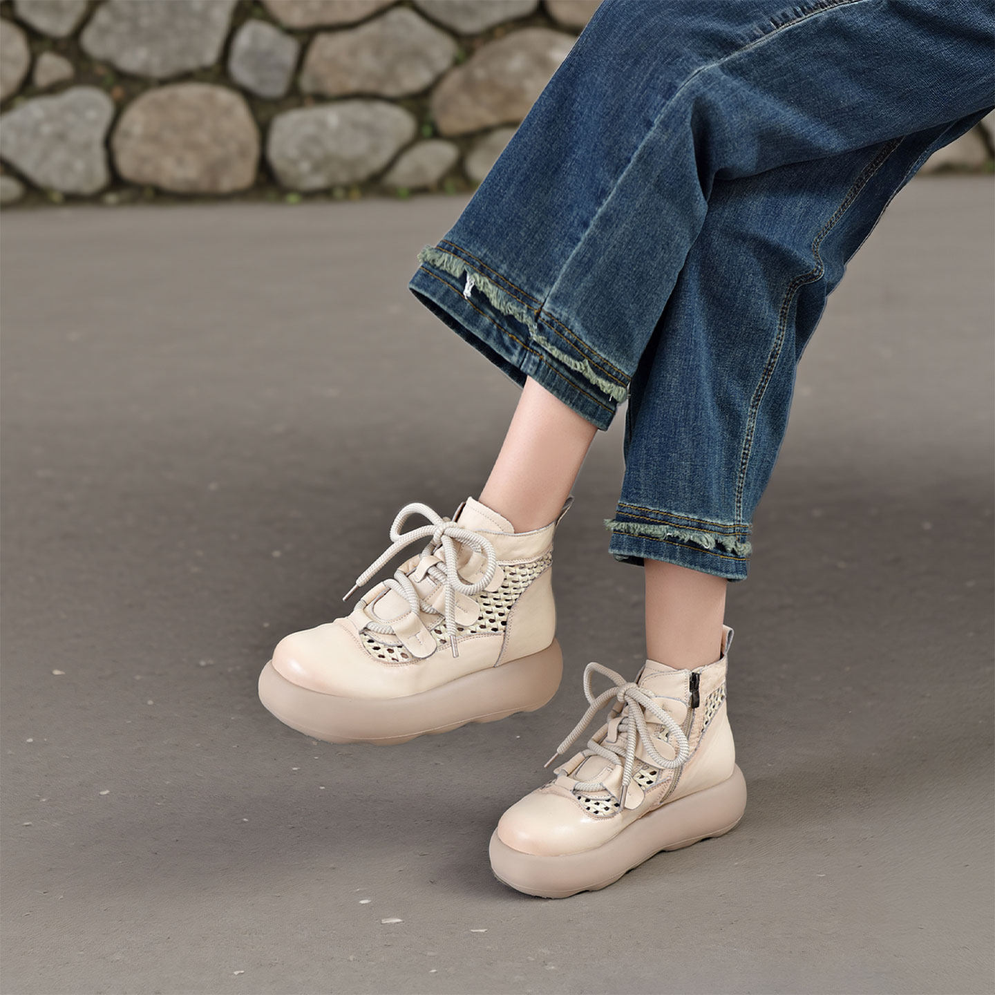 四起哥2026春夏英伦风厚底镂空罗马凉鞋女真皮透气系带休闲鞋凉靴