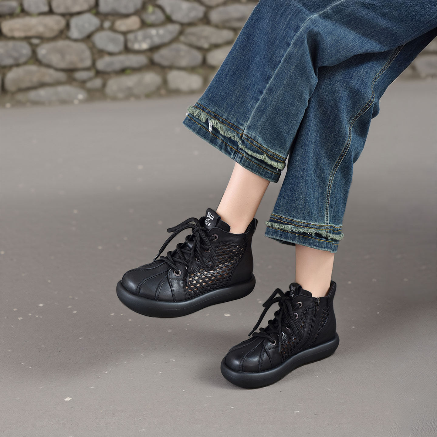 四起哥2026春夏复古编织镂空真皮凉靴子女厚底系带罗马凉鞋透气潮
