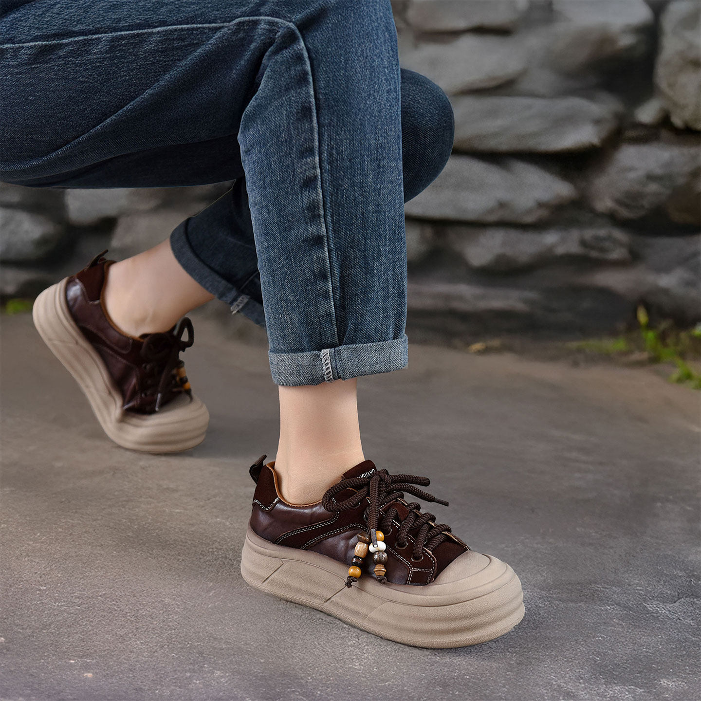 四起哥2026秋季新款头层牛皮气质个性厚底真皮休闲鞋女轻奢运动鞋