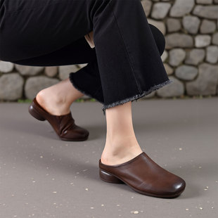 四起哥2026春复古风真皮穆勒鞋女粗跟包头半拖鞋外穿软底头层牛皮