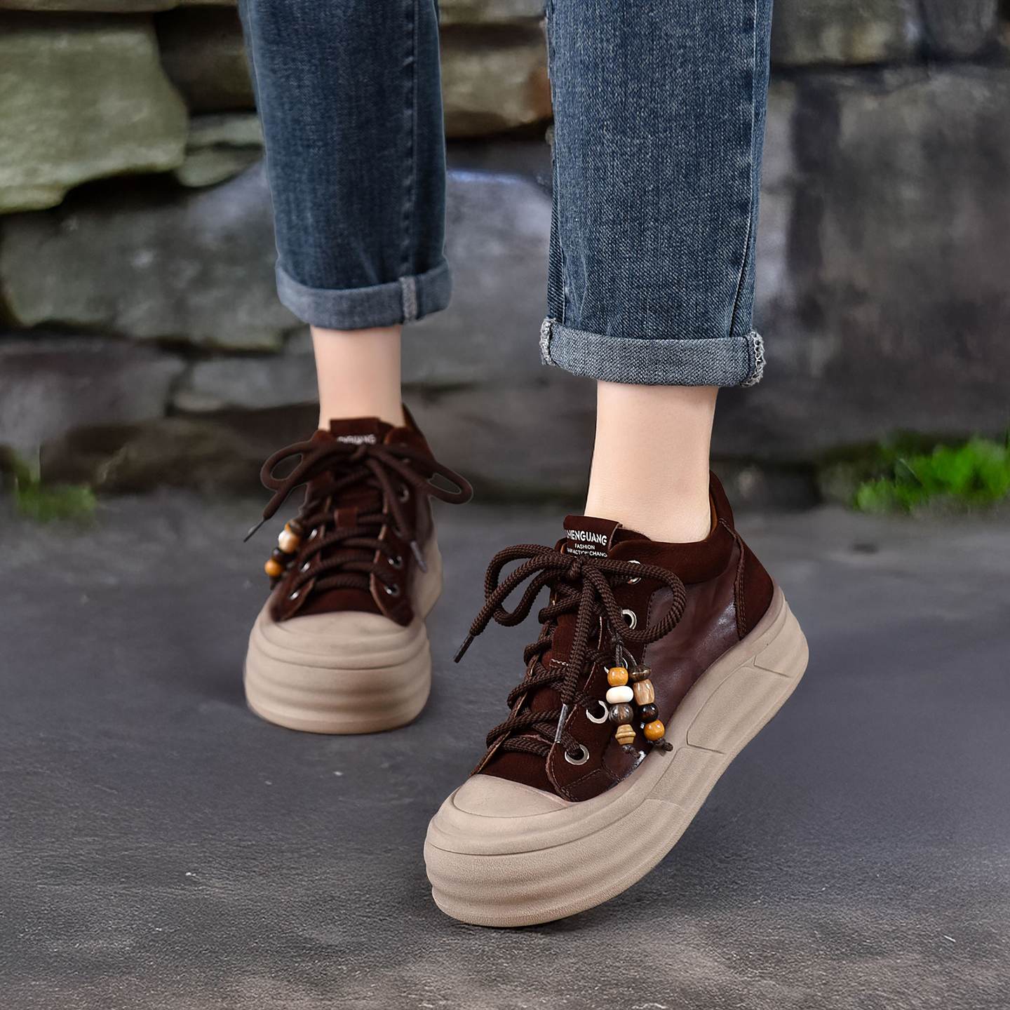 四起哥2025秋季新款头层牛皮时尚百搭厚底真皮休闲鞋女高帮运动鞋