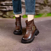 四起哥2025秋冬新款 头层牛皮轻奢时尚 短靴女厚底手工真皮骑士靴女