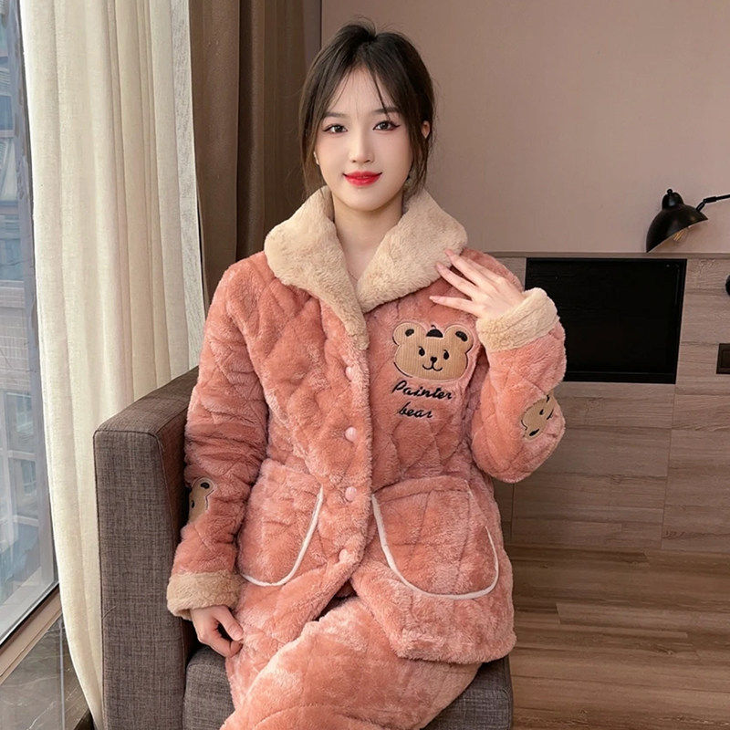 轻奢时尚珊瑚绒夹棉睡衣女士冬季三层加厚保暖粉色小熊家居服套装,女士内衣/男士内衣/家居服,睡衣/家居服套装,淘宝优惠券,粉丝福利购,淘宝优惠卷