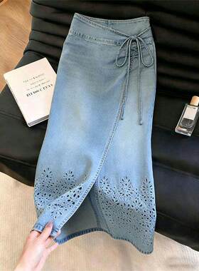 轻奢蓝色开叉镂空设计感半身裙女夏季新款时髦小众绑带时尚牛仔裙