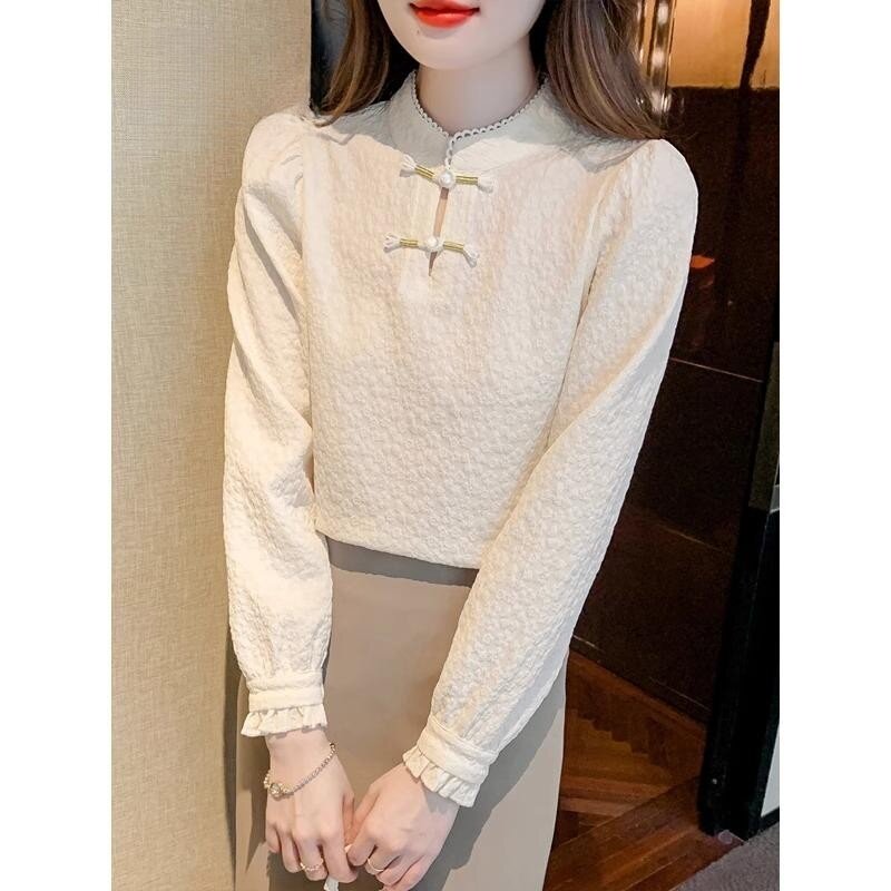 潮牌女秋冬高级感新款国风雪纺衬衫新中式加绒打底衫洋气旗袍上衣