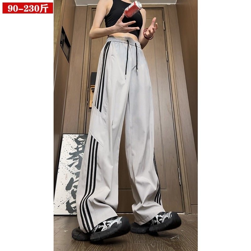 轻奢胖mm条纹运动裤女夏季薄款新款宽松显瘦阔腿裤子休闲大码长裤