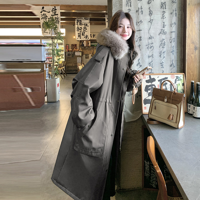 韩系长版过膝加绒工装棉服外套