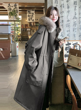 韩系长版过膝加绒工装棉服外套
