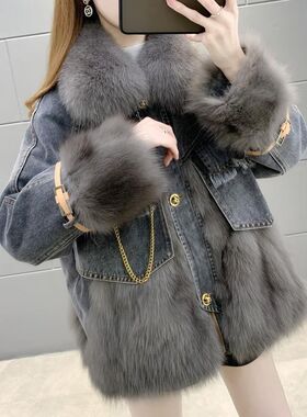 派克服女仿狐狸毛皮草外套牛仔衣