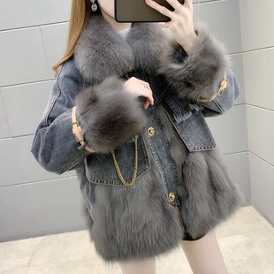 潮牌派克服女时尚新款仿狐狸毛皮草外套短款皮毛一体牛仔拼接大衣