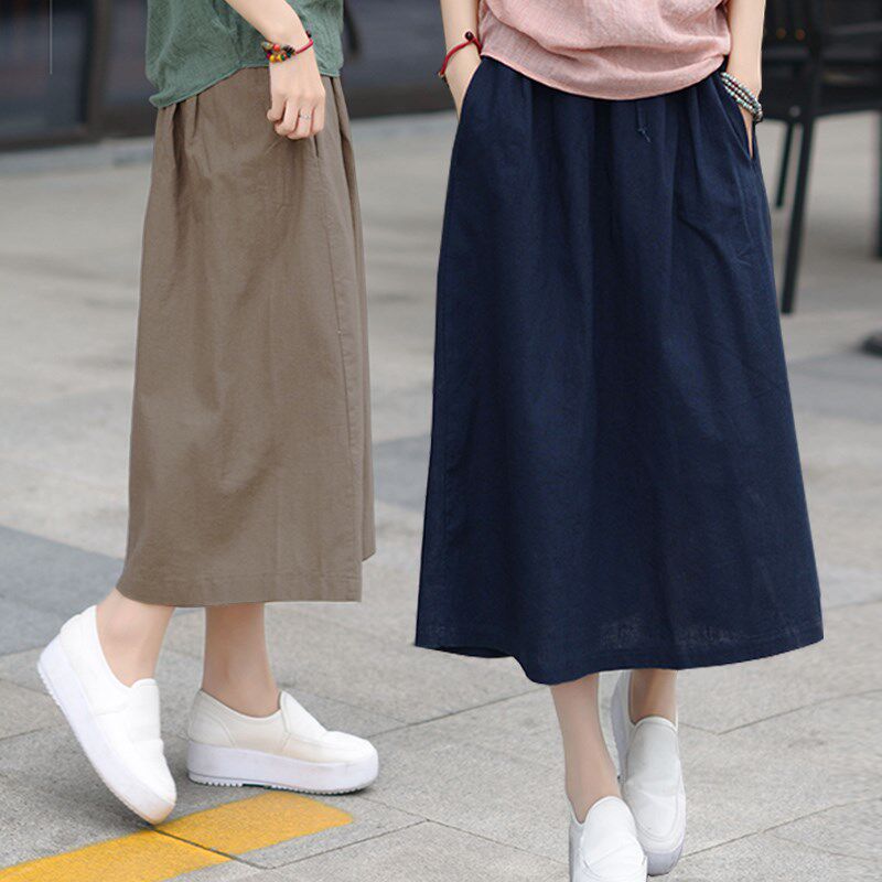 复古文艺a字裙亚麻女裙子长裙