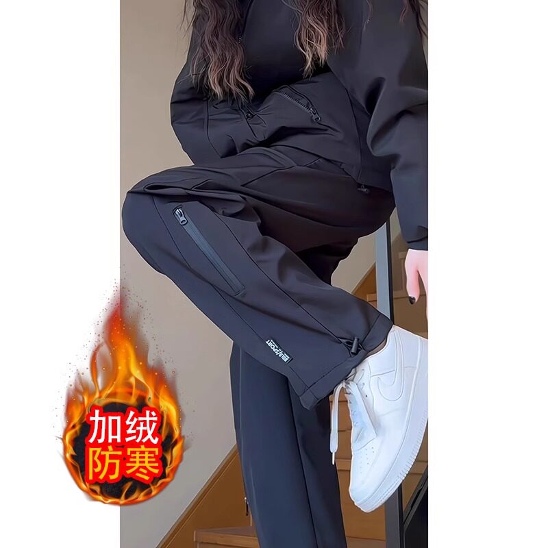 潮牌秋冬户外登山加绒冲锋裤女款