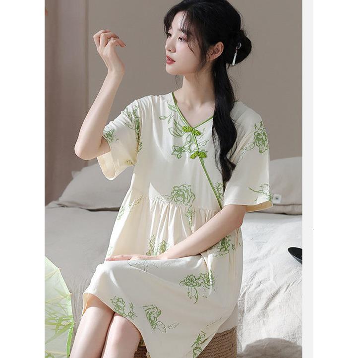 轻奢舒适新款中国风睡裙女夏季带胸垫短袖汉服睡衣复古碎花连衣裙