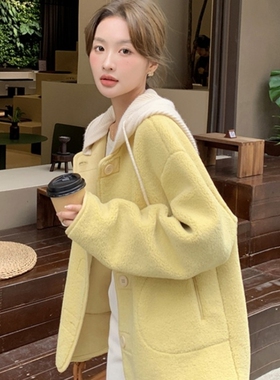 潮牌精仿黄色软糯羊羔毛外套女冬季新款韩系小个子慵懒风连帽上衣